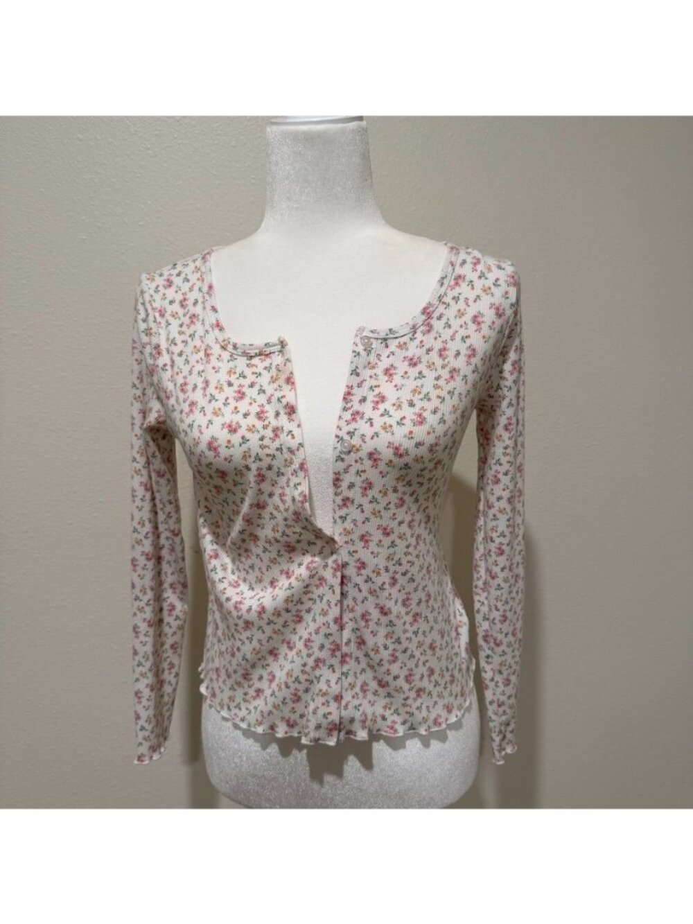 Pointelle Ditsy Floral Cotton Button Front Cardigan Size Small Cottagecore